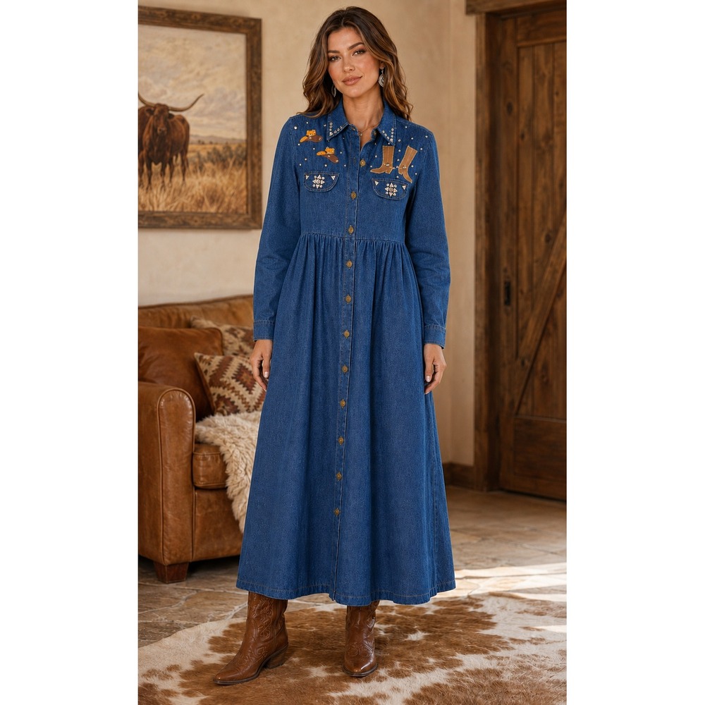 Trade Winds Denim Maxi Dress M Western Rhinestone Studded Cowgirl Dance Festive